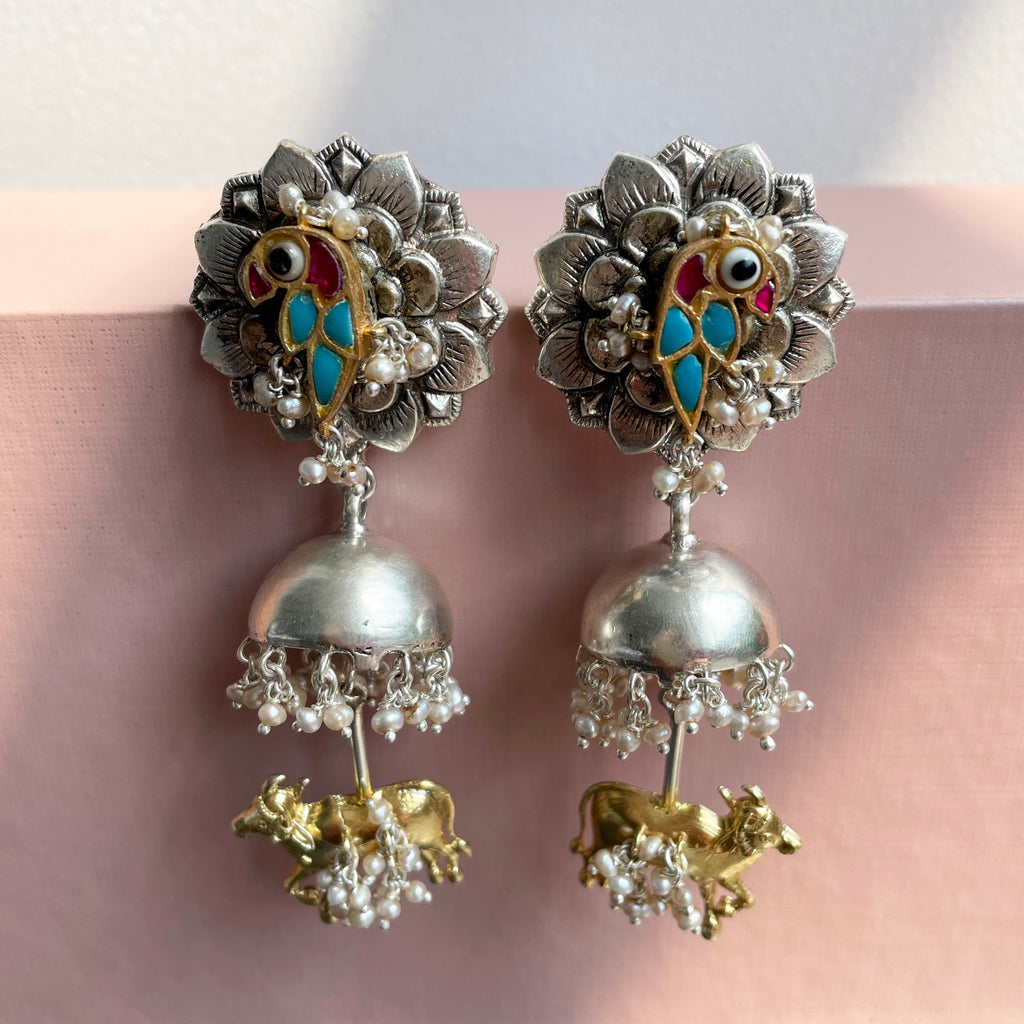 Dhriti Earrings (blue pink bird)